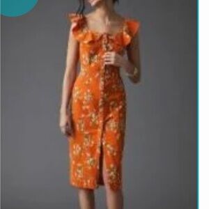 Anthropologie Orange Floral button down Midi Dress